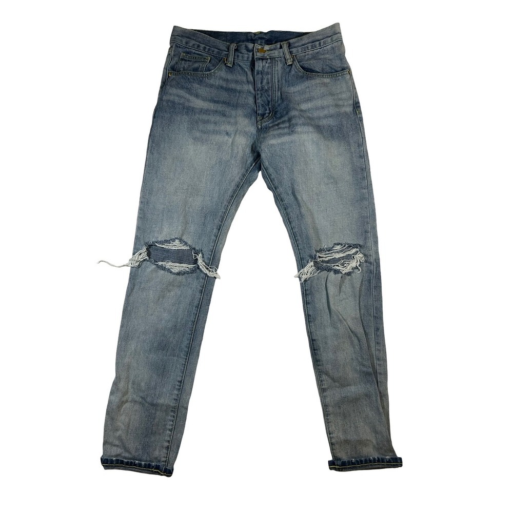 MNML Mens Distressed Knee Light Wash Blue Denim Slim Tapered Jeans Size 31